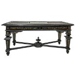 Console in black ebonized wood and inlaid with grotesques and wreaths at the foot of ivory truncated