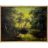 Oil painting on canvas depicting the river with trees and boat, nineteenth century. Cm 31 x41