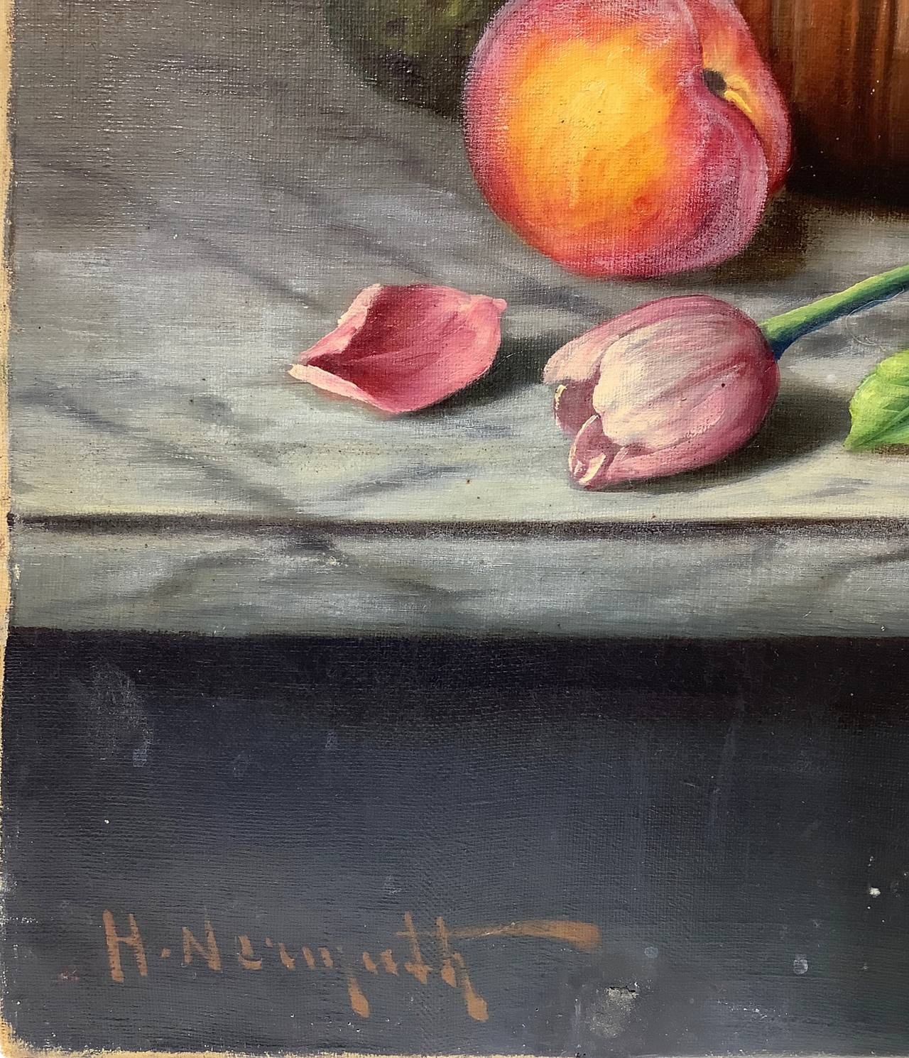 Oil painting on canvas depicting still life of flowers and fruit, late nineteenth century. - Image 4 of 5