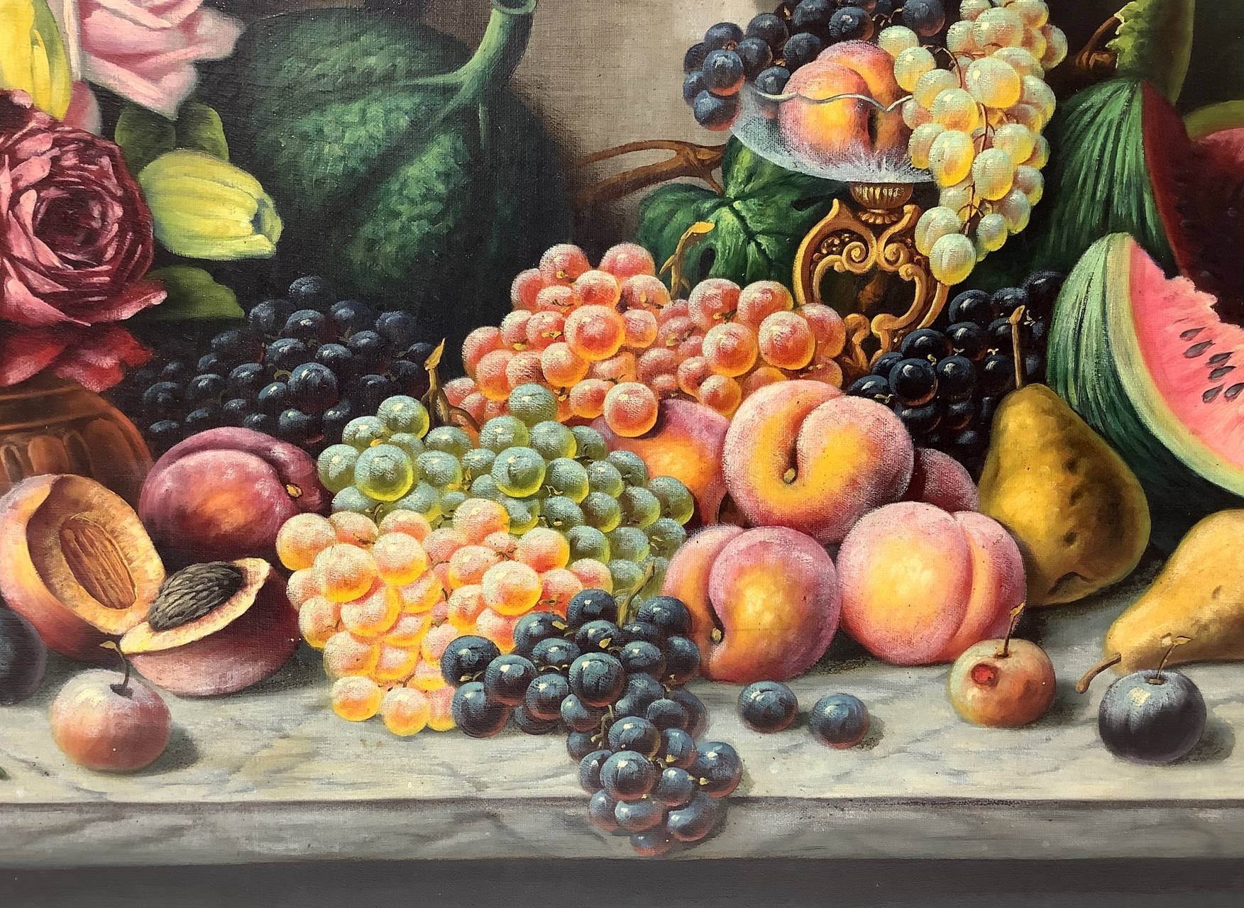 Oil painting on canvas depicting still life of flowers and fruit, late nineteenth century. - Image 2 of 5