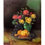 Oil painting on canvas depicting still life of flowers and fruit, late nineteenth century. Signed on