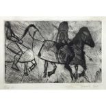 Etching, depicting crusading knights on horseback, Try Auteur Signed on the lower right Elisabette T