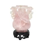 Small pot, rose quartz with a wooden base. H 12 cm