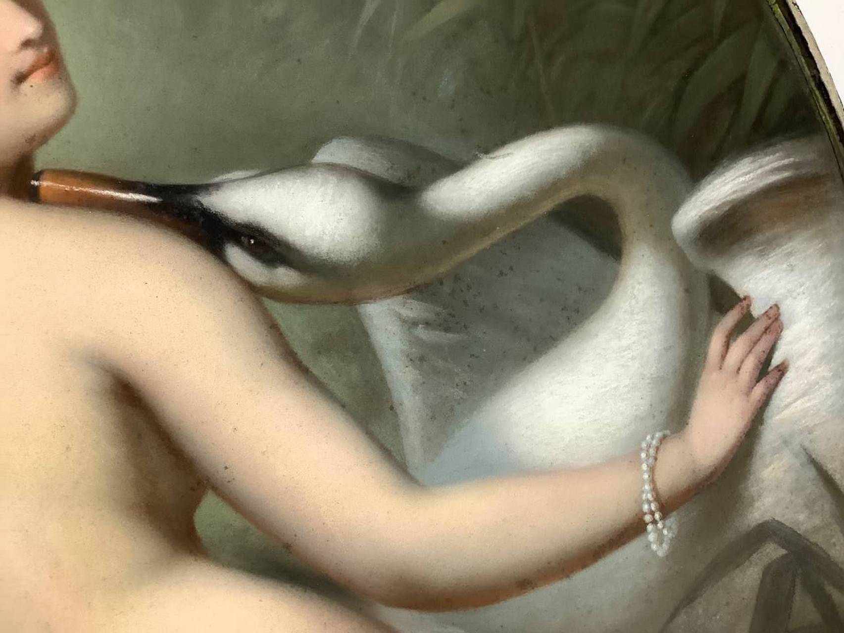 Oval Pastel on paper depicting Leda and the swan, nineteenth century. Cm 85x65. Signed on the bottom - Image 3 of 5