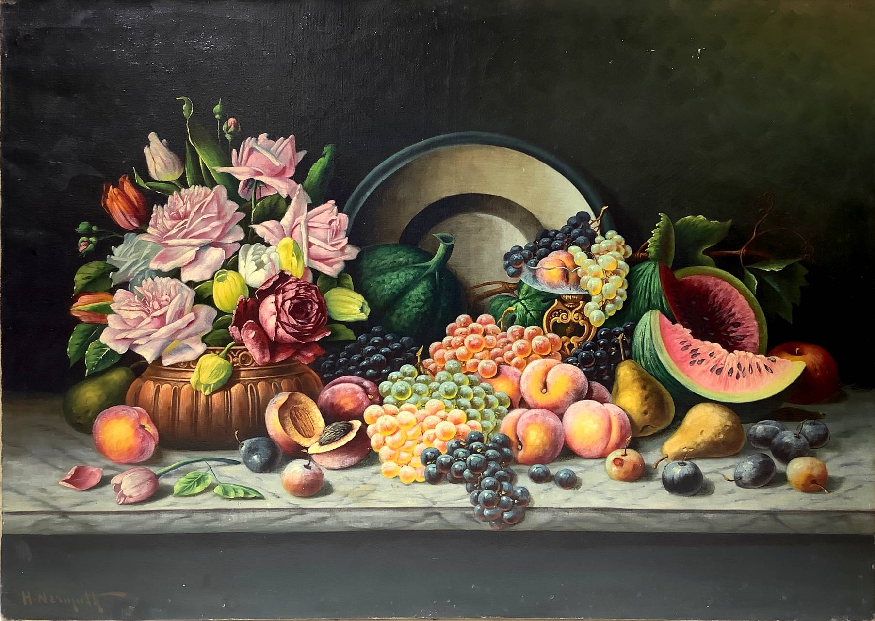 Oil painting on canvas depicting still life of flowers and fruit, late nineteenth century.