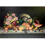 Oil painting on canvas depicting still life of flowers and fruit, late nineteenth century.