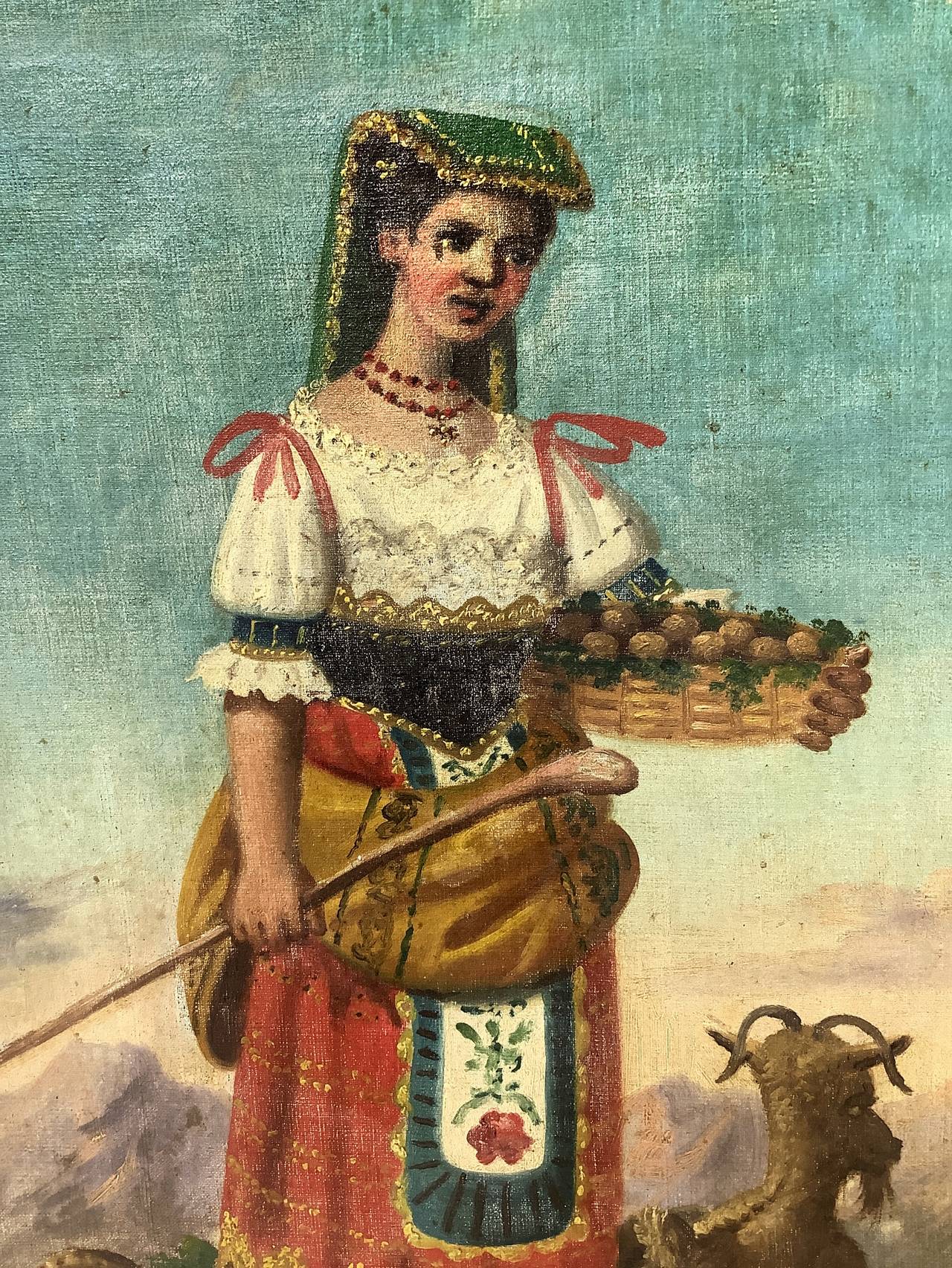 Oil painting on canvas depicting the female figure in folk costume. Nineteenth century. Cm 54x42. In - Image 2 of 3
