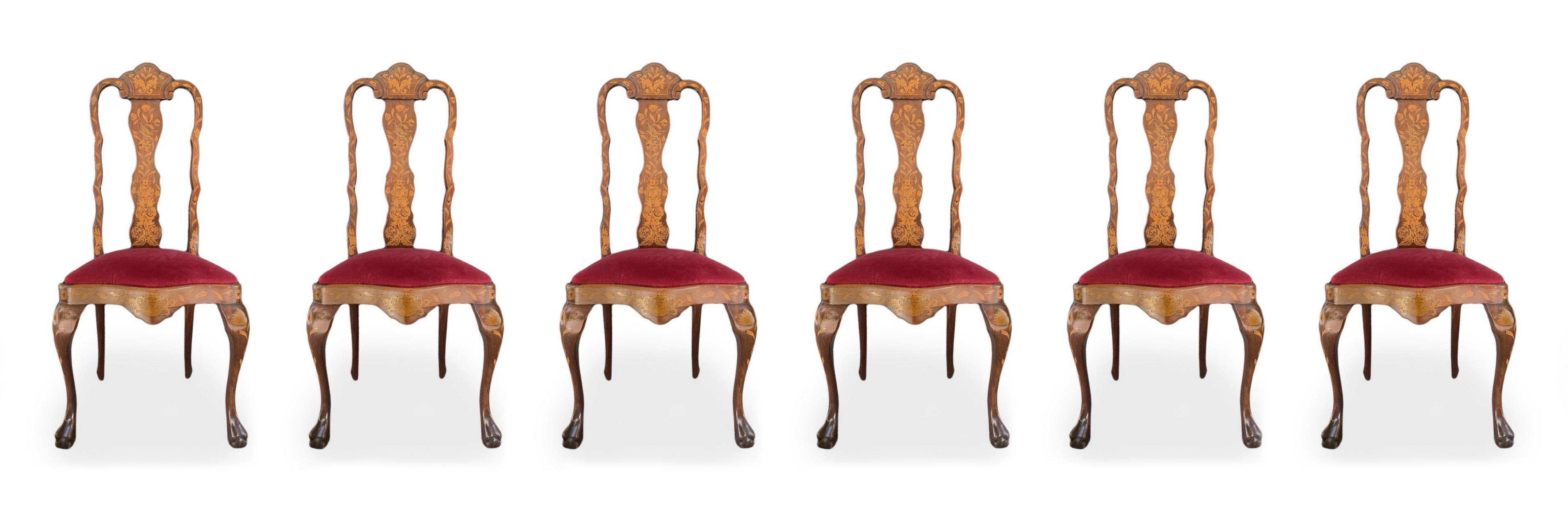 Group of 6 chairs and 2 headtables, nineteenth century, Holland. With floral inlays in light woods o