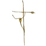 Crucifix in gilded brass informal taste, signed on Warsura cross. H 77 cm, width 37 cm