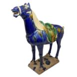 Ceramic Horse in colors of blue, China. 28 Cm