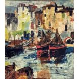 Oil paint on wood by Jose Luis Florit Rodero (1909-2000), Fishing boats in the harbor. Signed in the