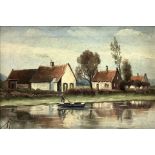 Oil painting on canvas depicting landscape houses on the lake. Illegible signature lower left. 18X26