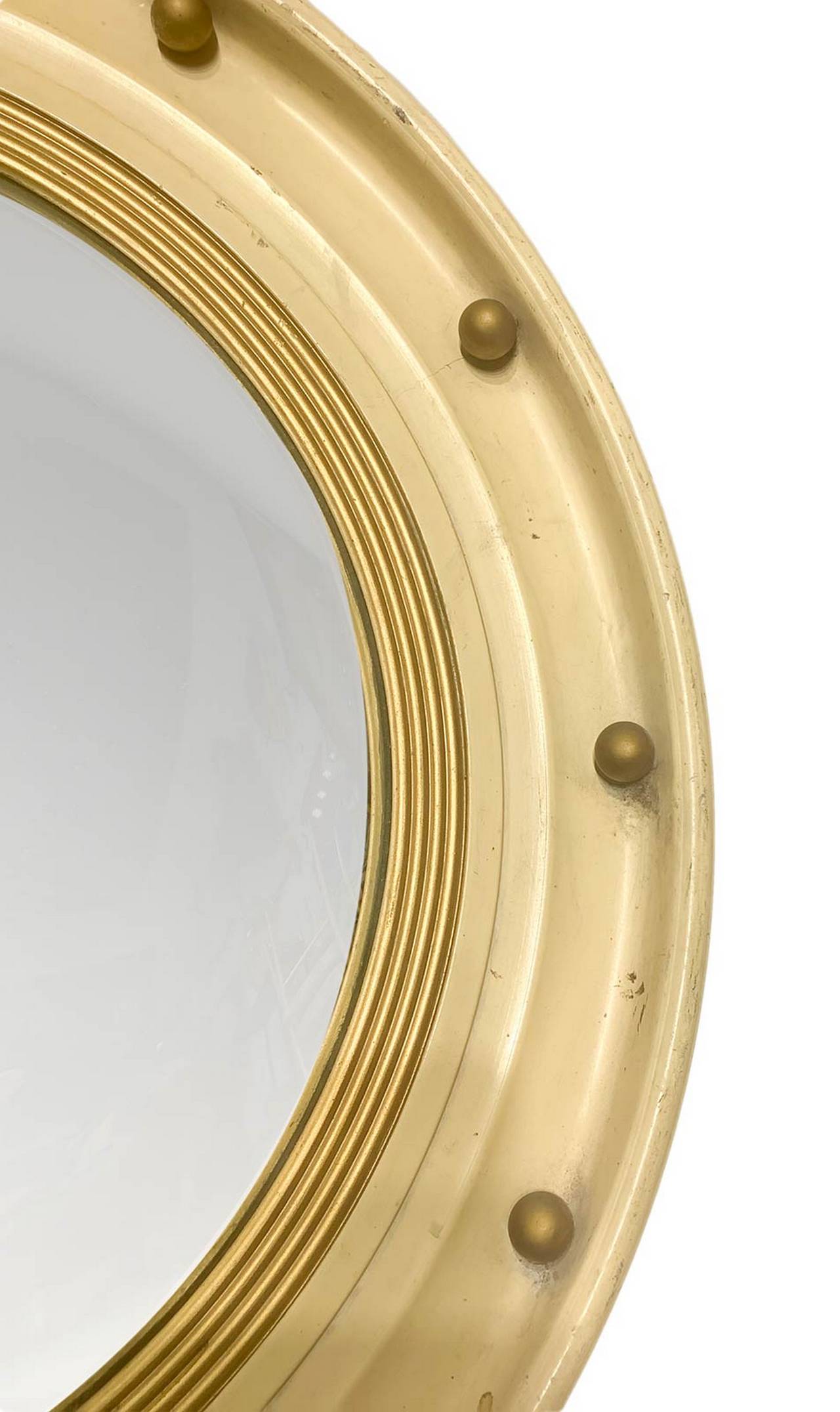 Wooden Mirror circular form in lacquer ivory tones. golden details and convex mirror, in the style o - Image 2 of 3