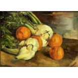 Oil paint on canvas depicting still life with fennel and oranges, signed Marquis, 20th century. 30x4