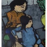 Etching and aquatint in colors depicting mother and daughter, 2/20, Signed on the lower right Domeni
