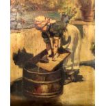 Oil painting on wood depicting laundress. Cm 25x21,5. In frame 49x44 cm.