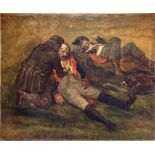 Oil painting on canvas depicting rescue wounded soldiers, nineteenth century. 23,5x28,5 cm. Without