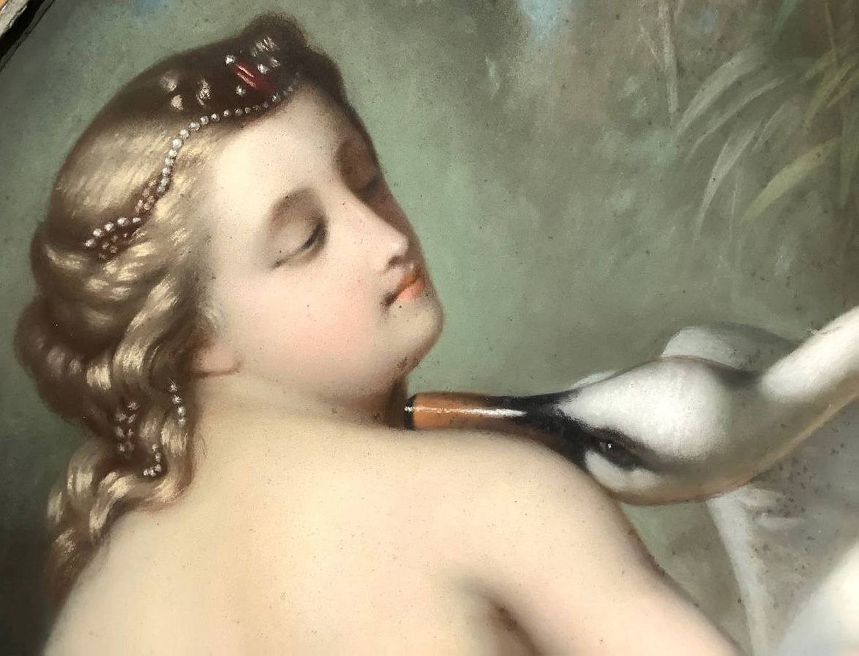 Oval Pastel on paper depicting Leda and the swan, nineteenth century. Cm 85x65. Signed on the bottom - Image 2 of 5