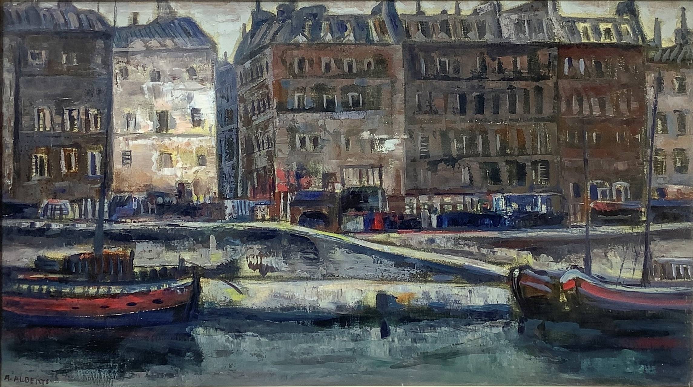 Antonio Alberti Oil painting on canvas depicting boats on the Seine in Paris, Signed on the lower le