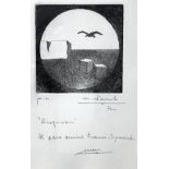 Etching depicting sphere inserted in a square with rocks and gull. Artist's proof of Mario D'Amato (