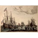 Etching with colored etching by hand. Copy from four Dutch sailing ships Reinier Nooms behind a brea