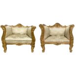 Pair of armchairs in gilt wood, armrests and backrest