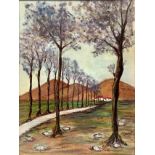 Oil painting on canvas depicting street with trees and hills. signed and dated on the lower right So