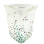 Vase in clear glass rectangular shape with floral decorations. Mild eversion at the top. 21 Cm