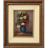 Oil painting on masonite depicting vase with flowers. Cm 18x13. In 32x27 frame. Signed on the lower