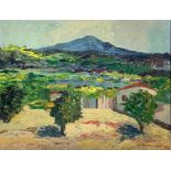 Oil painting on wood depicting Etna countryside. Painted stain. signed and dated on the at the botto
