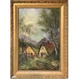 Oil painting on canvas with landscapes and houses, late nineteenth century. Signed on the lower left