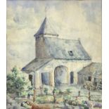 Watercolor on paper frame depicting rural landscape with houses, Signed on the lower right Hof Ter M