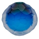 Glass jar submerged globular form in the blue and blue tones, grinded surface and veiled. Murano Gla