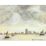 Oil paint on cardboard canvas depicting Venetian landscape, Signed on the lower right 85 Carpignano