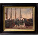 Silvio di Volo, Oil paint on cardboard canvas depicting the harbor with sailboats, Silvio di Volo (L