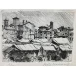 Etching depicting market in 1949, 25/50, Signed on the lower right Paolo Manaresi (Bologna 1908-1991