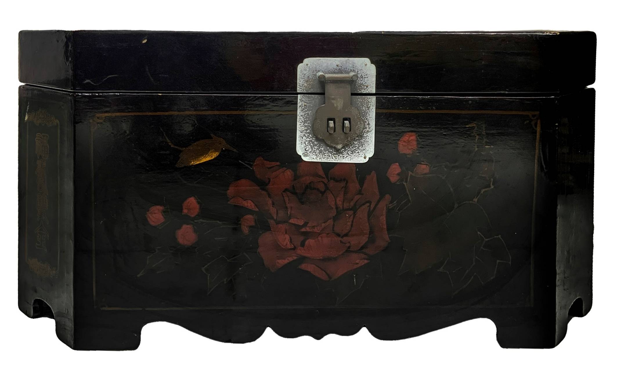 Ancient Chinese travel chest in lacquer wooden, hand-painted on the front with floral decorations on - Image 2 of 5