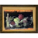 Mixed media on paper depicting still life of fruit and bottles. Cm 50x70. In frame 73x93 cm. Signed