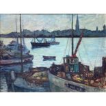 Oil painting on canvas depicting Treboul boats (Bretagne). Signed on the lower right Figay. Figay An