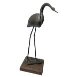 Sculpture cast bronze with wooden base depicting stylized heron, signed and dated on the on the base