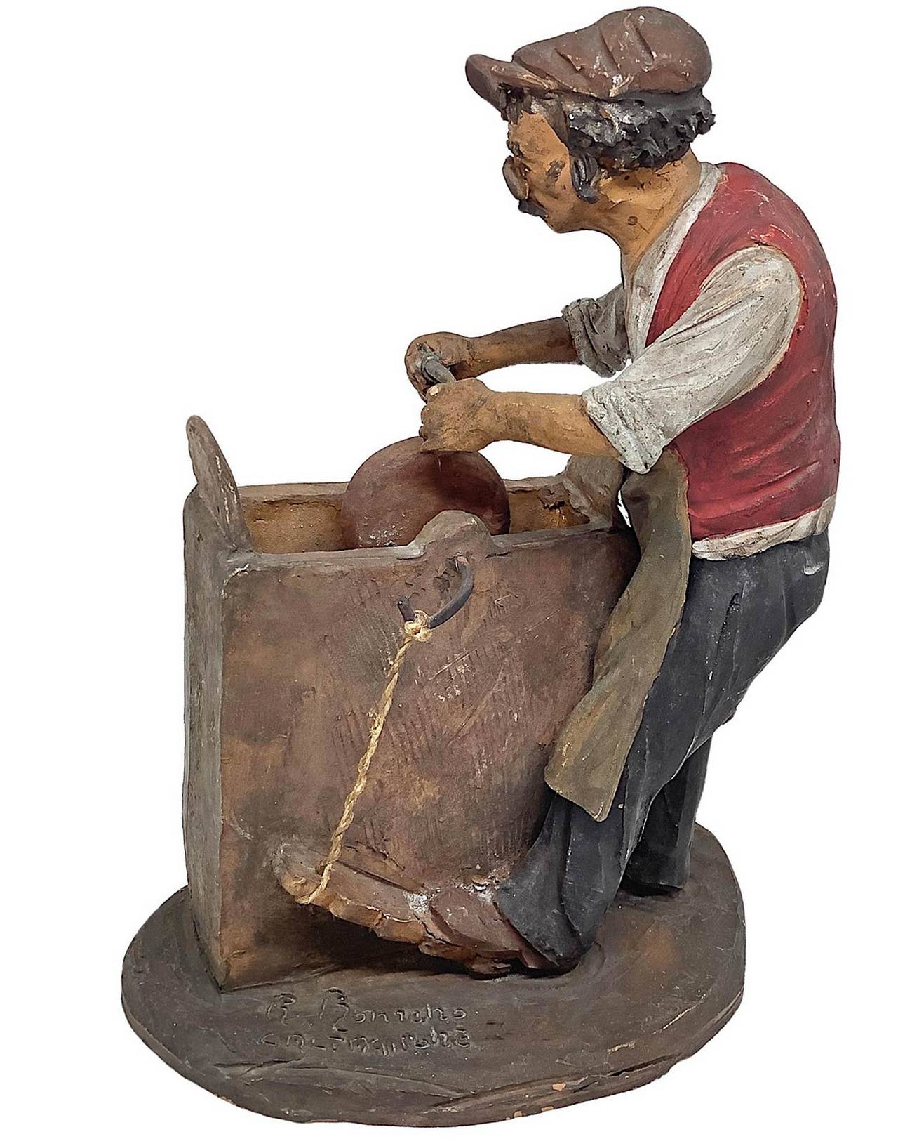 Sculpture in polychrome terracotta grinder. Signed Romano, Caltagirone, 20th century. H 24 cm. - Image 3 of 5