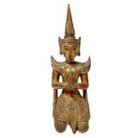 Wooden sculpture, oriental gods, early twentieth century. In gilded wood with colored glass applicat