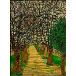 Oil painting on canvas signed Italo Vivaldi, depicting the path with trees. Cm 82x70