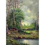 Oil painting on canvas depicting rigid support farm with trees on the lake, Remo Head, XX century. 2