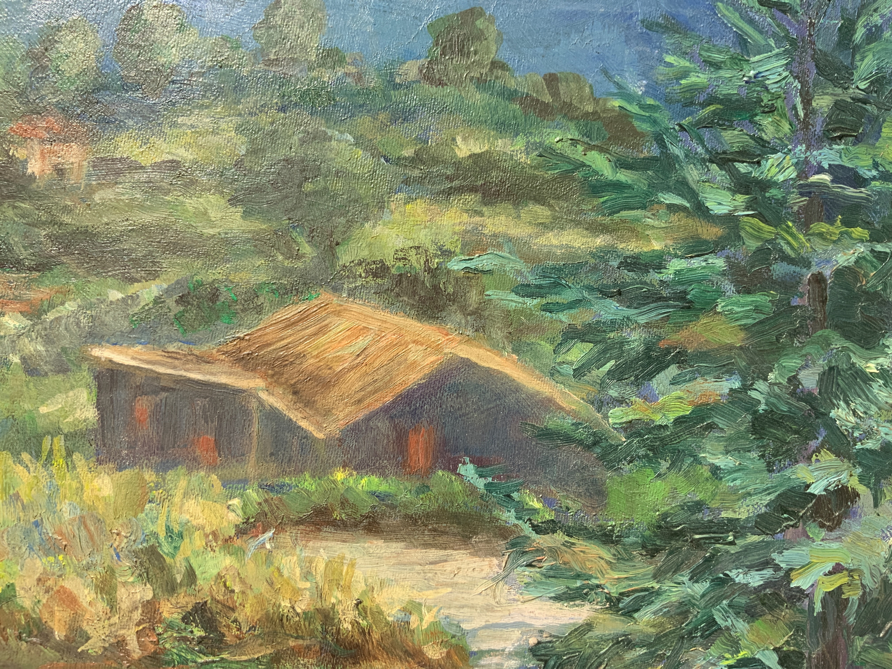 Oil painting on masonite depicting cottage in the woods. signed on the lower left A.Gallo. 29x38 cm, - Image 3 of 4