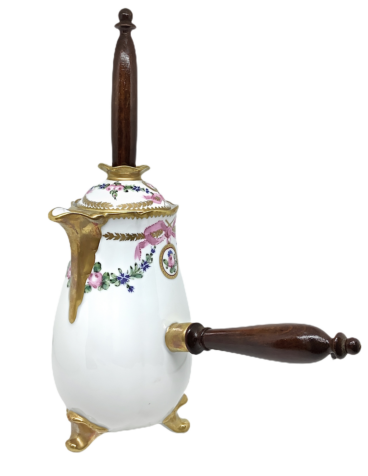 Milk jug with emulsifier, white Limoges porcelain decorated in gold and polychrome, wooden handle. 5