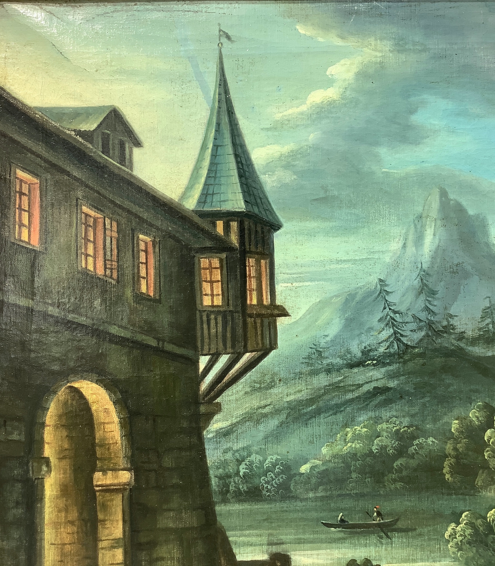 Oil painting on canvas depicting mountain landscape with lake and cottage, Federico Moja (Milano, 20 - Image 5 of 5