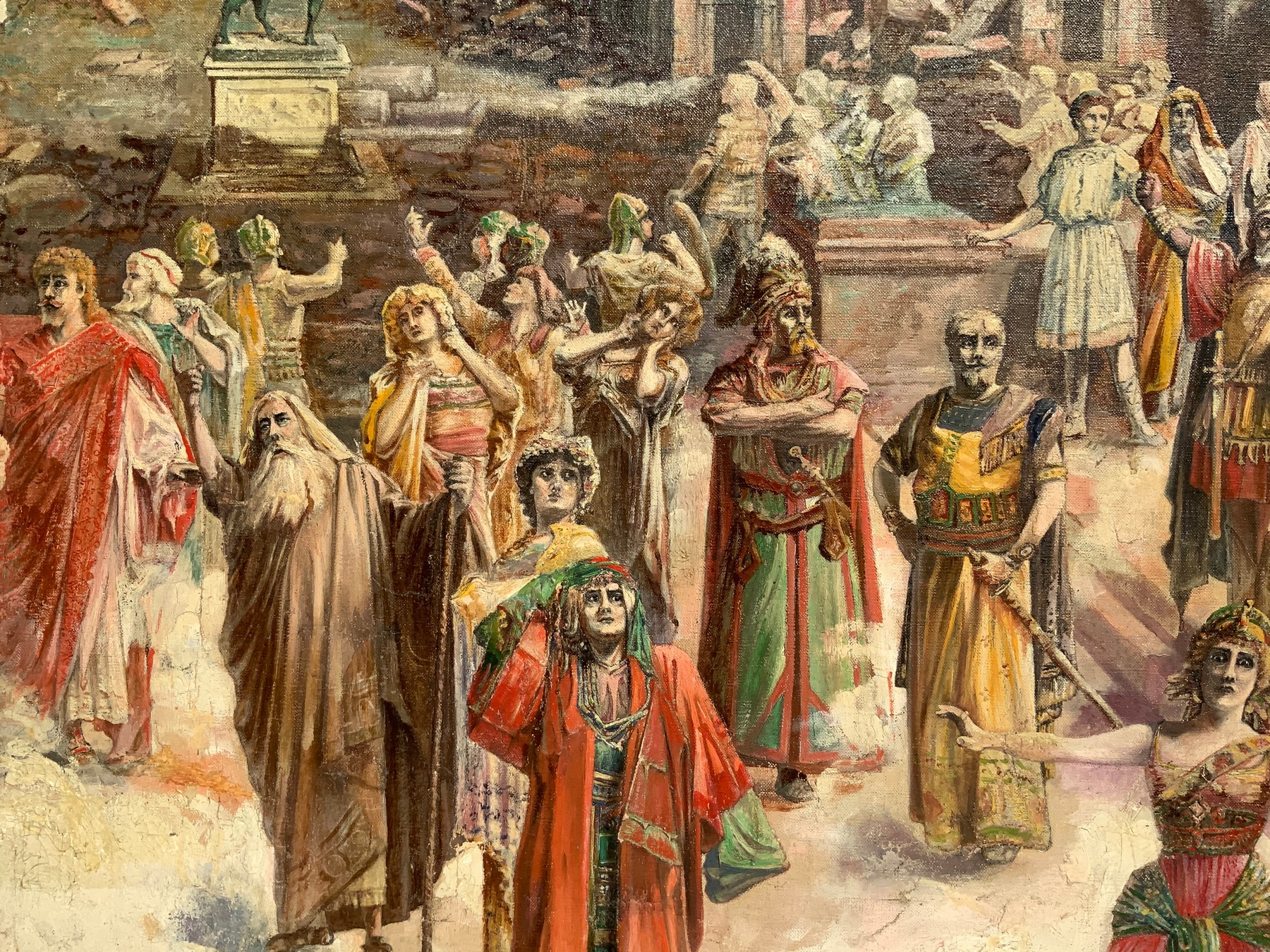 Big an important oil painting on canvas depicting the Roman Forum with characters (Splendor of the R - Image 6 of 8
