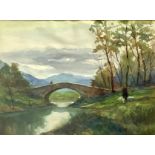 Watercolor on paper, signed Silvio Poma (1841-1932) depicting the river with bridge. 50x65 cm, in fr