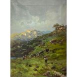 Oil painting on canvas depicting mountain landscape with characters, early nineteenth century. Cm 65